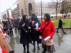 2015 Countering Colston hand out facts about EC outside of the Cathedral on Commemoration